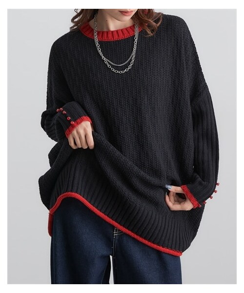 nissen（ニッセン）の「ラーベン編みゆったりサイズ配色ニットトップス　［Soiunique］（ニット/セーター・レディース・ブラック×レッド/ネイビー×カーキ・M/L）」の3枚目の写真