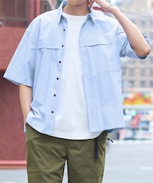 nissen | オーバーサイズストライプポケット付5分袖シャツ【大きいサイズ有】(シャツ/ブラウス)