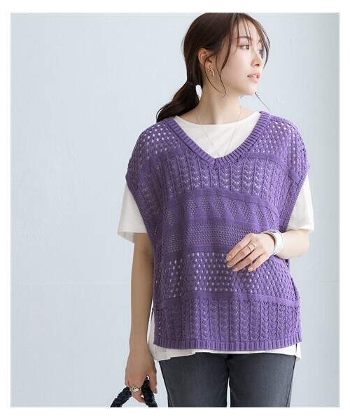 nissen（ニッセン）の「2点セット（透かし編みベスト＋Tシャツ）（ニット/セーター・レディース・黒/アイボリー/サックス/グリーン/パープル・S/M/L/LL/3L/4L/5L/6L）」の5枚目の写真