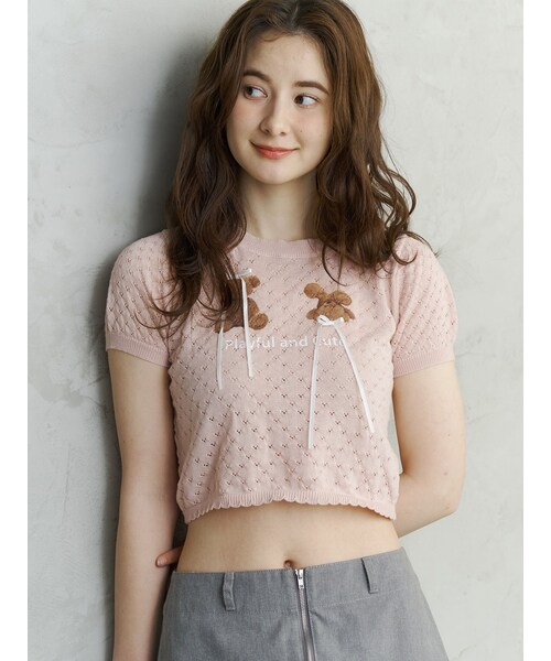 CALNAMUR（カルナムール）の「BEAR PRINT RIBBON KNIT /ベアプリントリボンニット（ニット/セーター・レディース・ホワイト/ピンク/アイスブルー・F）」の15枚目の写真