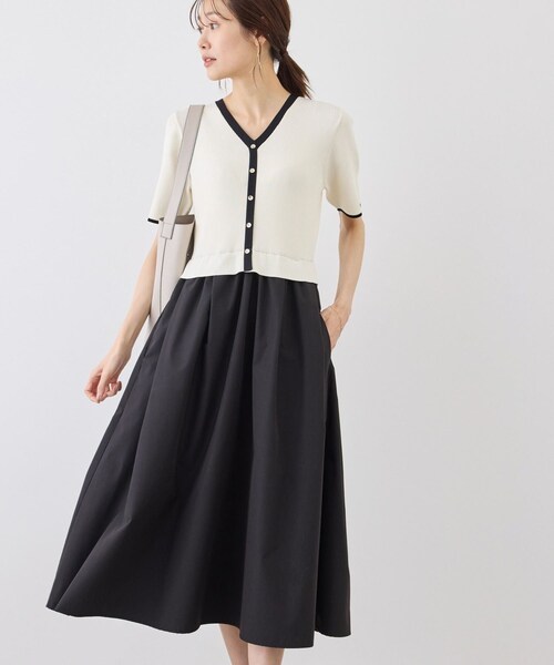 ROPE' PICNIC(ロペピクニック)の「メタル釦布帛ドッキングハーフスリーブニットワンピース(ワンピース・レディース・キナリ系/ネイビー/ピンク・M/S)」の2枚目の写真