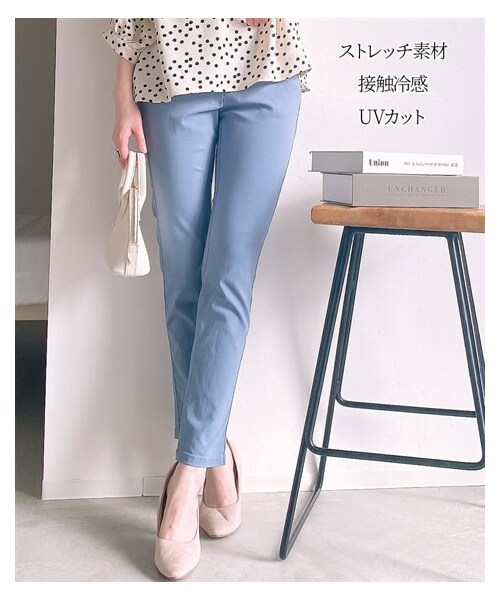 nissen（ニッセン）の「【新色追加】ハイパーストレッチ素材　スリムパンツ（ＵＶカット・接触冷感）（パンツ・レディース・ブラック/ライトベージュ/【廃番】ラベンダー/チャコール系グレンチェック/ネイビー/グレンチェック/サックス/ラベンダー/ライトグレー/ブルー/カーキ(新色)/グレージュ(新色)/スカイブルー(新色)・S/M/L/LL）」の12枚目の写真