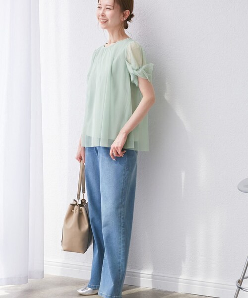 ROPE' PICNIC(ロペピクニック)の「Cutee チュールドッキングツイストスリーブトップス/リンクコーデ(Tシャツ/カットソー・レディース・ブラック/ホワイト/ライトグリーン/ブルー系・38)」の12枚目の写真