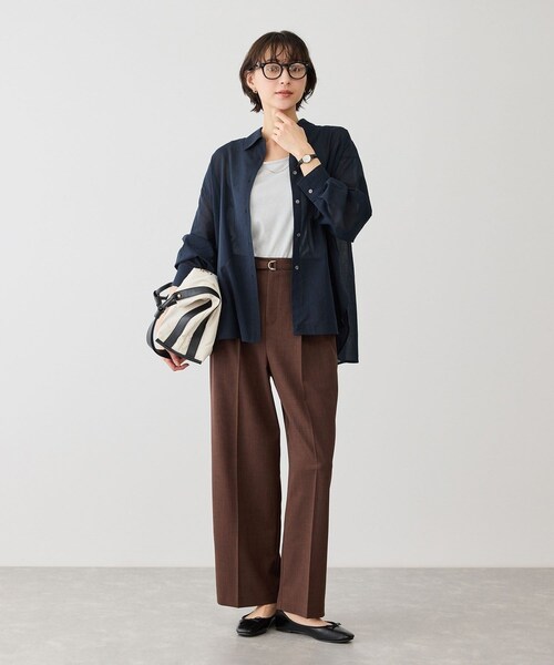 ROPE' PICNIC(ロペピクニック)の「お着軽シャツシリーズ 無地・ストライプ 2WAYシアーブラウス/接触冷感・通気性(シャツ/ブラウス・レディース・ホワイト/ネイビー/ブルー/ブルー系/ピンク/イエロー/ラベンダー/ダークブラウン/サックス/オレンジ・F)」の22枚目の写真