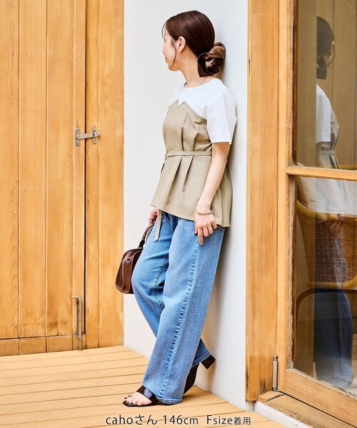 ROPE' PICNIC(ロペピクニック)の「【cahoさんコラボ】低身長・小柄さんサイズ エアリーリネンライク ドッキングカットトップス(Tシャツ/カットソー・レディース・ブラック/ダークブラウン/キャメル/ベージュ/ネイビー・F)」の12枚目の写真