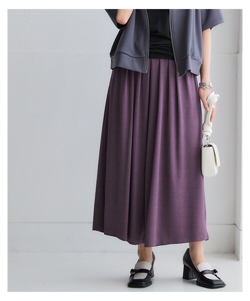 nissen（ニッセン）の「【接触冷感】さらひやカットソーワイドパンツ（接触冷感・UVカット）（７分丈）（パンツ・レディース・カーキ/ネイビー/黒/ネイビー系ストライプ/グレージュ/モカ/【ドロップ】ボルドー/ピスタチオイエロー/グリーン/パープル/オフホワイト・S/M/L/LL/3L/4L/5L/6L/8L/10L）」の13枚目の写真