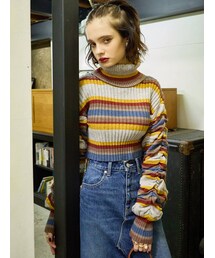 EVRIS | マルチボーダーギャザータートルニットトップス(ニット/セーター)