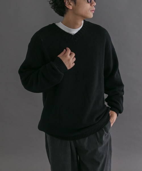 URBAN RESEARCH DOORS（アーバンリサーチドアーズ）の「FORK&SPOON　コットンウールVネックニット（ニット/セーター・メンズ・BLACK/LODEN・4/5）」の12枚目の写真
