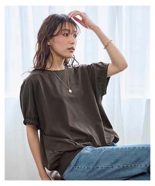 nissen（ニッセン）の「大きいサイズ ひんやりUSAコットン１００％ゆるシルエットドルマンプルオーバー（接触冷感・毛玉防止・UVカット）（Tシャツ/カットソー・レディース・ベイクドオレンジ/ソフトカーキ/チャコールグレー/黒・L~LL相当/3L~4L相当/5L~6L相当/8L相当/10L相当）」の2枚目の写真