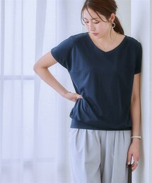 7days Life Styling | 【ひんやり接触冷感】シルケット加工フレンチスリーブVネックカットソートップス＜大きいサイズ有＞(Tシャツ/カットソー)