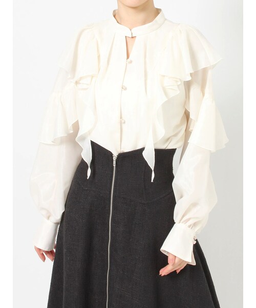 dazzlin（ダズリン）の「バイカラーラインフリルブラウス（シャツ/ブラウス・レディース・アイボリー/グレー/ブラック/パープル・F）」の2枚目の写真