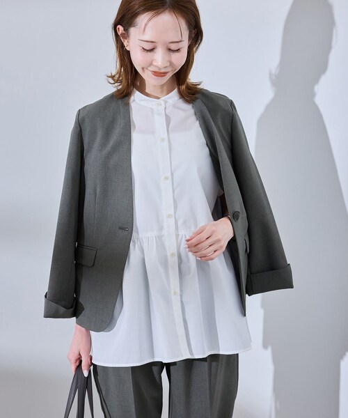 ROPE' PICNIC（ロペピクニック）の「【UV対応】【リネンライク・シリーズ】ノーラペルジャケット/通勤・セットアップ対応（ノーカラージャケット・レディース・グレー/グレー系/ダークブラウン/ネイビー・36/38/40）」の15枚目の写真