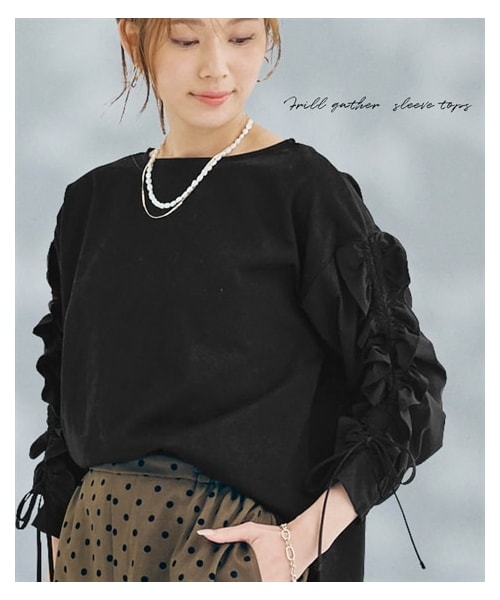 nissen（ニッセン）の「フリルギャザースリーブトップス（Tシャツ/カットソー・レディース・黒/オフホワイト・S/M/L/LL）」の2枚目の写真