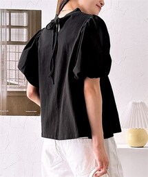 nissen | 綿１００％バックリボンスタンドカラーパフスリーブトップス(Tシャツ/カットソー)