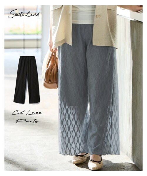 nissen（ニッセン）の「＜大きいサイズ＞カットソーレースストレートパンツ（ゆったりヒップ）（パンツ・レディース・グレー/黒・L/LL/3L/4L/5L/6L/8L/10L）」の2枚目の写真