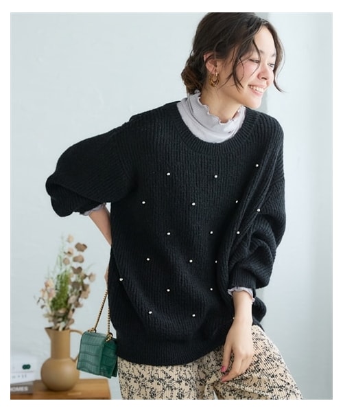 nissen（ニッセン）の「＜大きいサイズ＞ゆるシルエットスタッズドットニットプルオーバー（ニット/セーター・レディース・フォレストグリーン/黒・L~LL/3L~4L/5L~6L/8L/10L）」の5枚目の写真