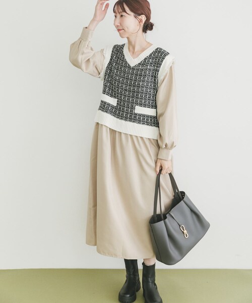 ITEMS URBANRESEARCH(アイテムズ アーバンリサーチ)の「ツイードニットドッキングワンピース(ワンピース・レディース・BLK×WHT/BLK・FREE)」の16枚目の写真