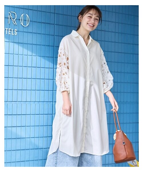 nissen（ニッセン）の「＜大きいサイズ＞ふんわりレース袖シャツワンピース（ワンピース・レディース・オフホワイト/カーキ/黒・L~LL/3L~4L/5L~6L/8L/10L）」の7枚目の写真