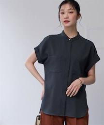 nissen | 【しわシャキ】Wポケットバンドカラーシャツ（防しわ・形態安定・接触冷感・UVカット）＜大きいサイズ有＞(シャツ/ブラウス)