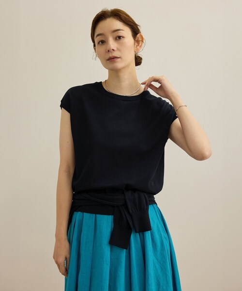 ROPE'(ロペ)の「【洗える】オーガニックコットンハイゲージフレンチスリーブニット(ニット/セーター・レディース・ホワイト/ネイビー/ターコイズ・F)」の2枚目の写真