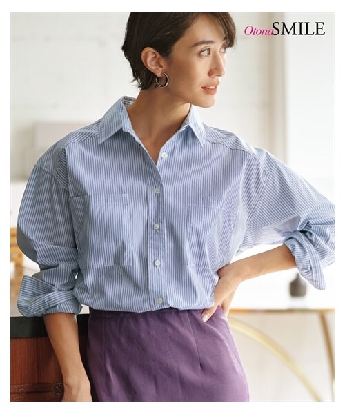 nissen（ニッセン）の「シンプルオーバーシャツ【OtonaSMILE】（シャツ/ブラウス・レディース・ネイビーストライプ/イエロー・M/L/LL/3L/4L/5L）」の2枚目の写真