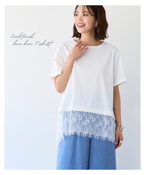 nissen（ニッセン）の「爽快裾レースTシャツ（接触冷感・UVカット・ストレッチ）＜大きいサイズ有＞（Tシャツ/カットソー・レディース・黒/オフホワイト・S/M/L/LL/3L/4L/5L/6L）」の2枚目の写真