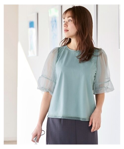 nissen（ニッセン）の「＜大きいサイズ＞シアーコンビカットソープルオーバー（Tシャツ/カットソー・レディース・グレイッシュライム/黒・L/LL/3L/4L/5L/6L/8L/10L）」の7枚目の写真