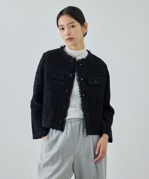 ROPE'（ロペ）の「【COOHEM(コーヘン)】BASIC TWEED VELVET JACKET（ノーカラージャケット・レディース・キナリ/ネイビー・F）」の15枚目の写真