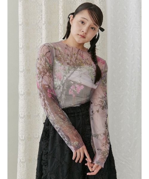 merry jenny（メリージェニー）の「flowerシアーメッシュtops（Tシャツ