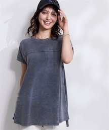 nissen | 5分袖綿混リブカットソーピグメント加工切り替えワイドロング丈Tシャツ＜大きいサイズ有＞(Tシャツ/カットソー)