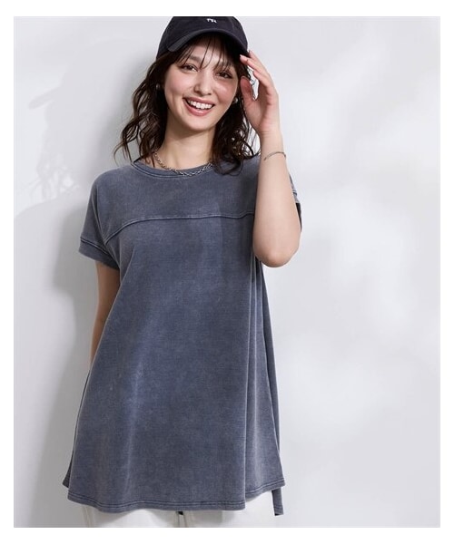 nissen（ニッセン）の「5分袖綿混リブカットソーピグメント加工切り替えワイドロング丈Tシャツ＜大きいサイズ有＞（Tシャツ/カットソー・レディース・ヴィンテージカーキ/デニム調ネイビー/ヴィンテージベージュ/ヴィンテージピンク・S/M/L/LL/3L）」の16枚目の写真