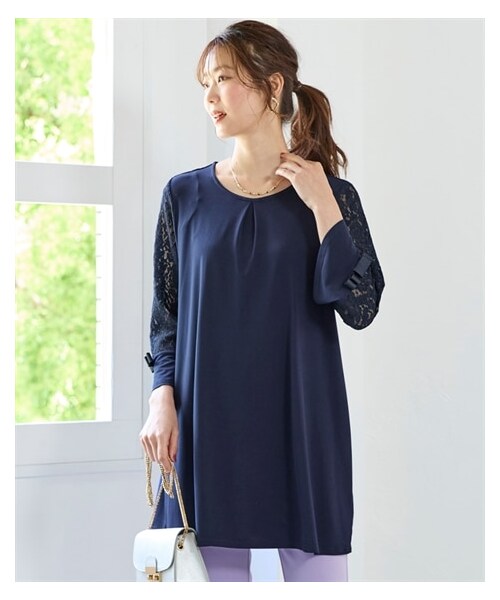 nissen（ニッセン）の「大きいサイズ　7分袖レース使いカットソーチュニック（チュニック・レディース・ピンク/ネイビー・L/LL/3L/4L/5L/6L/8L/10L）」の8枚目の写真