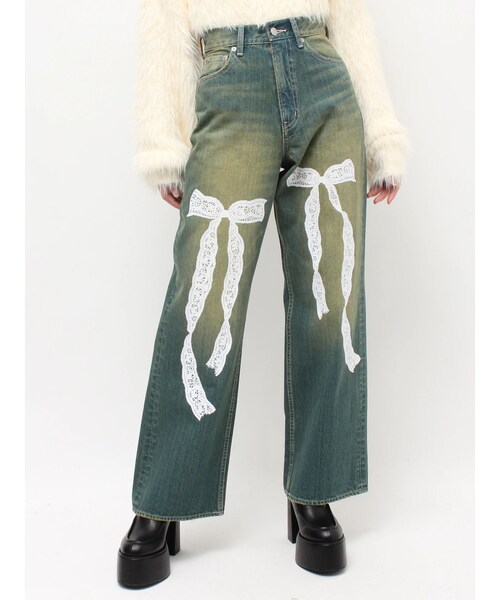 EVRIS（エヴリス）の「リボンレースワイドデニムパンツ（デニムパンツ・レディース・ブルー/インディゴ・S/M）」の3枚目の写真