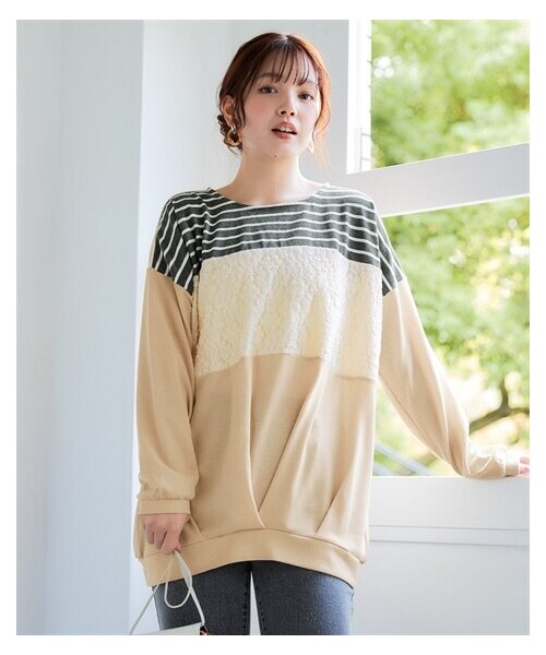 nissen（ニッセン）の「＜大きいサイズ＞レース使い配色裾タックニットソープルオーバー（Tシャツ/カットソー・レディース・ベージュ/ブルーグリーン/チャコール・L/LL/3L/4L/5L/6L/8L/10L）」の21枚目の写真
