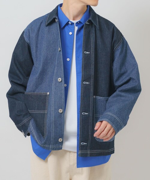 ITEMS URBANRESEARCH（アイテムズ アーバンリサーチ）の「ヒッコリー×デニム切替ワークジャケット（デニムジャケット・メンズ・BLK/NVY・M/L）」の13枚目の写真