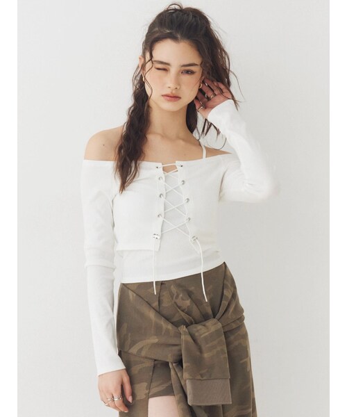 EVRIS（エヴリス）の「2WAYリブアンサンブルオフショルトップス（Tシャツ/カットソー・レディース・ホワイト/ブラック/ピンク・F）」の9枚目の写真