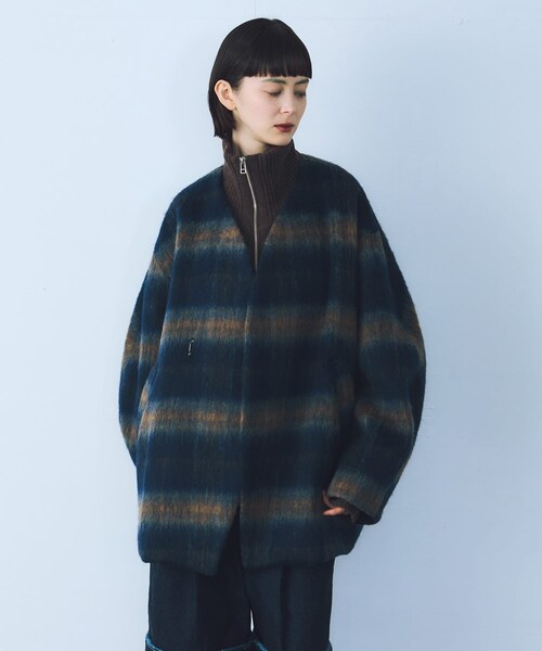 THE GOODLAND MARKET（ザグッドランドマーケット）の「cwtch　CHECK MIDDLE COAT（ノーカラージャケット・レディース・BEIGE/NAVY・FREE）」の13枚目の写真