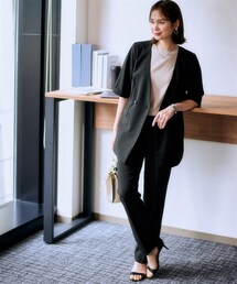 7days Life Styling | 【レディーススーツ】夏機能素材　半袖ダブルブレストジャケットパンツスーツ（ジャケット＋ストレートパンツ）(スーツセット)
