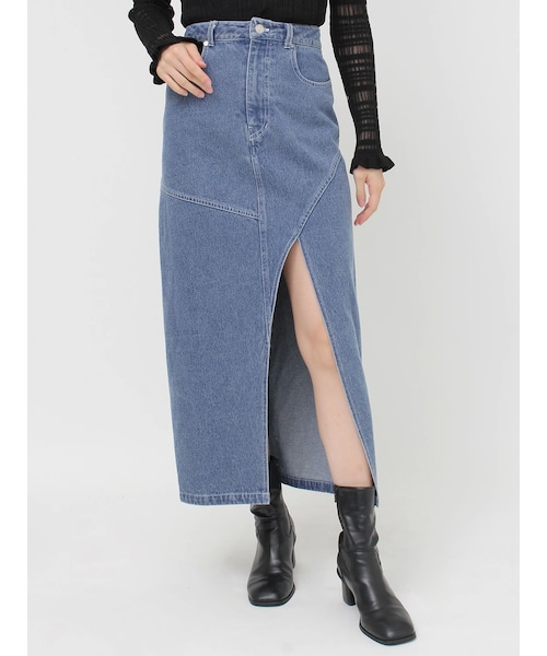 MURUA（ムルーア）の「フロントオープンデニムロングスカート【セットアップ着用可】（デニムスカート・レディース・ブラック/ピンク/ブルー・1/2）」の7枚目の写真