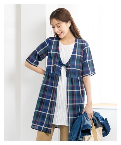 nissen（ニッセン）の「大きいサイズ　綿１００％５分袖涼やか重ね着風チュニックブラウス（チュニック・レディース・ブラックウオッチ/グレンチェック/ブルー系ストライプ/テラコッタ系チェック・L/LL/3L/4L/5L/6L/8L/10L）」の7枚目の写真