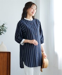 nissen | 大きいサイズ　綿１００％柔らか７分袖バンドカラーゆるシャツチュニック(チュニック)
