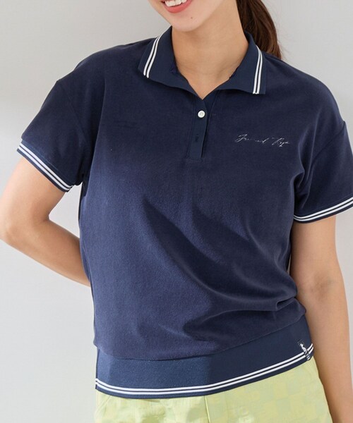 ROPE'（ロペ）の「パイルリブ使い半袖スキッパーポロ（ポロシャツ・レディース・ホワイト/ネイビー/ラベンダー・L/M/S）」の6枚目の写真