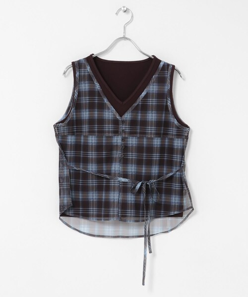 KBF（ケイビーエフ）の「シアーチェックベストSETトップス（タンクトップ・レディース・BRN×BRN/KHAKI×OAT/NAVY×NAVY・One）」の12枚目の写真