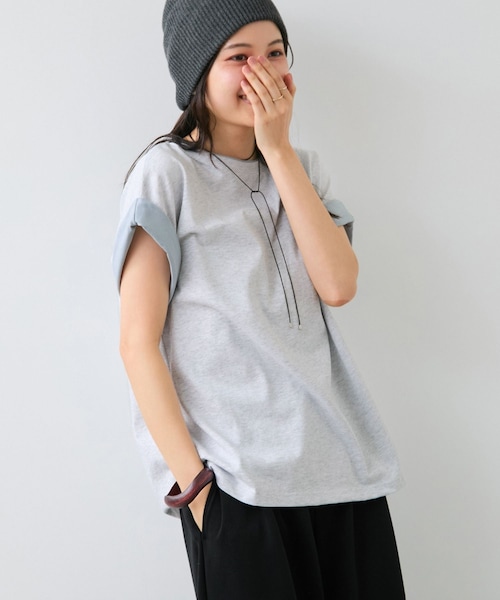 VIS(ビス)の「【WEB限定】天竺袖配色Tシャツ(Tシャツ/カットソー・レディース・ブラック/ライトグレー/オフホワイト・F)」の6枚目の写真