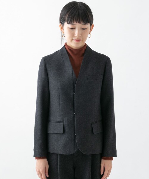 URBAN RESEARCH（アーバンリサーチ）の「WORK NOT WORK　メランジウールHANカラージャケット（ノーカラージャケット・レディース・COYOTE/CHARCOAL・1/2）」の9枚目の写真