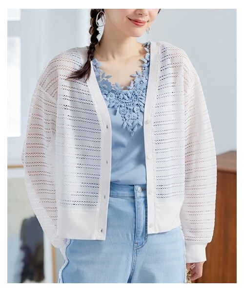 nissen（ニッセン）の「大きいサイズ　透かしジャガードカットソーＶネックカーディガン（カーディガン/ボレロ・レディース・オフホワイト/黒/エクリュ*黒ボーダー・L~LL相当/3L~4L相当/5L~6L相当/8L相当/10L相当）」の14枚目の写真