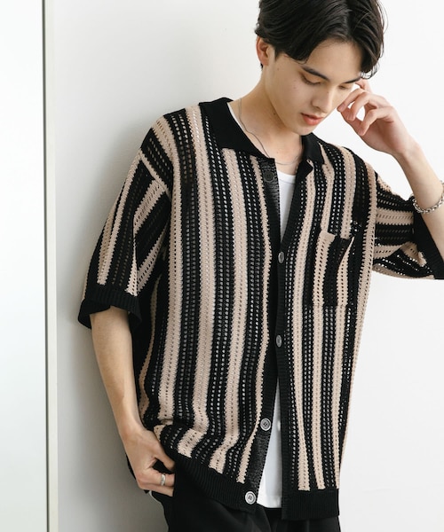 SENSE OF PLACE by URBAN RESEARCH(センスオブプレイスバイアーバンリサーチ)の「ストライプショートスリーブニットシャツ(ニット/セーター・メンズ・BLACK/GREIGE/MINT・M/L)」の1枚目の写真