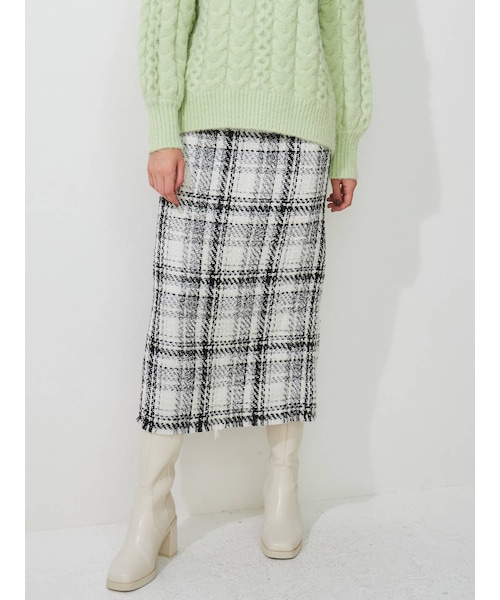 MERCURYDUO（マーキュリーデュオ）の「ヘムフリンジツイードタイトスカート（スカート・レディース・アイボリー/ブラック/グリーン・S/M）」の7枚目の写真