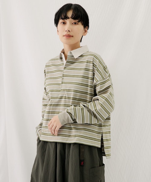 EKAL（エカル）の「ネイチャーボーダープルオーバー（Tシャツ/カットソー・レディース・MILK WHITE/MOSS KHAKI・one）」の2枚目の写真