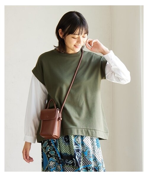 nissen（ニッセン）の「大きいサイズフェイクレイヤードカットソートップス（Tシャツ/カットソー・レディース・杢グレー×ネイビー系ストライプ/パープル×グレー系チェック/カーキ×オフホワイト(無地)/ネイビー×モノトーン系ギンガムチェック/黒×モノトーン系ストライプ/ミントグリーン×ブルー系ストライプ・L~LL相当/3L~4L相当/5L~6L相当/8L相当/10L相当）」の10枚目の写真